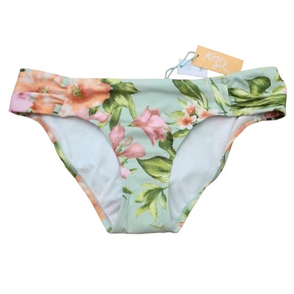 Kona Sol Side Shirred Medium Coverage Hipster Bikini Bottom Green Floral Size XL - Picture 3 of 8